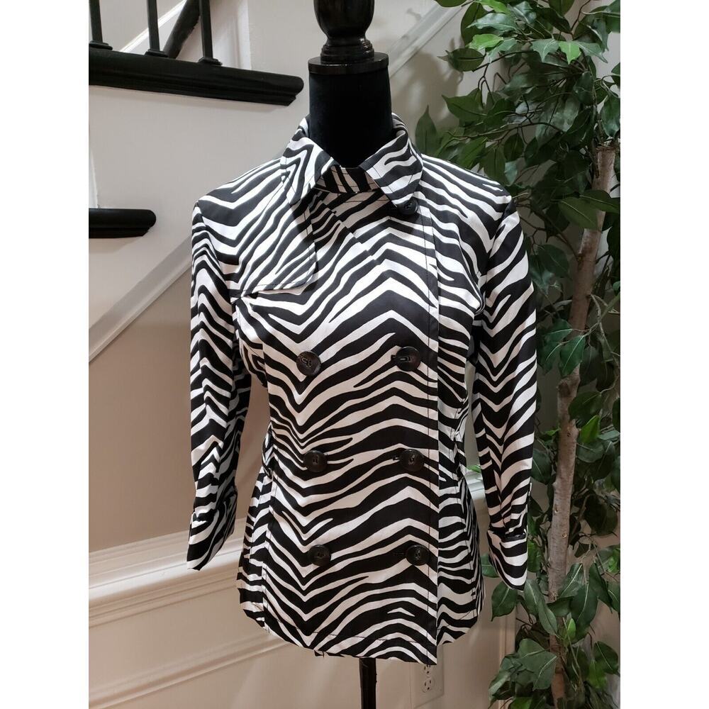 Grace Elements Women's Black White Zebra Print Double Breasted Trench Jacket M
